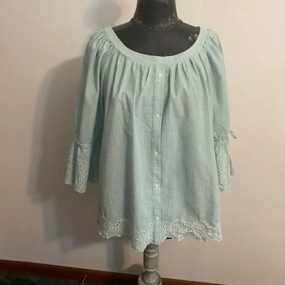 Westbound Greem/White stripe button-down embroidered bell sleeves top, size 1X